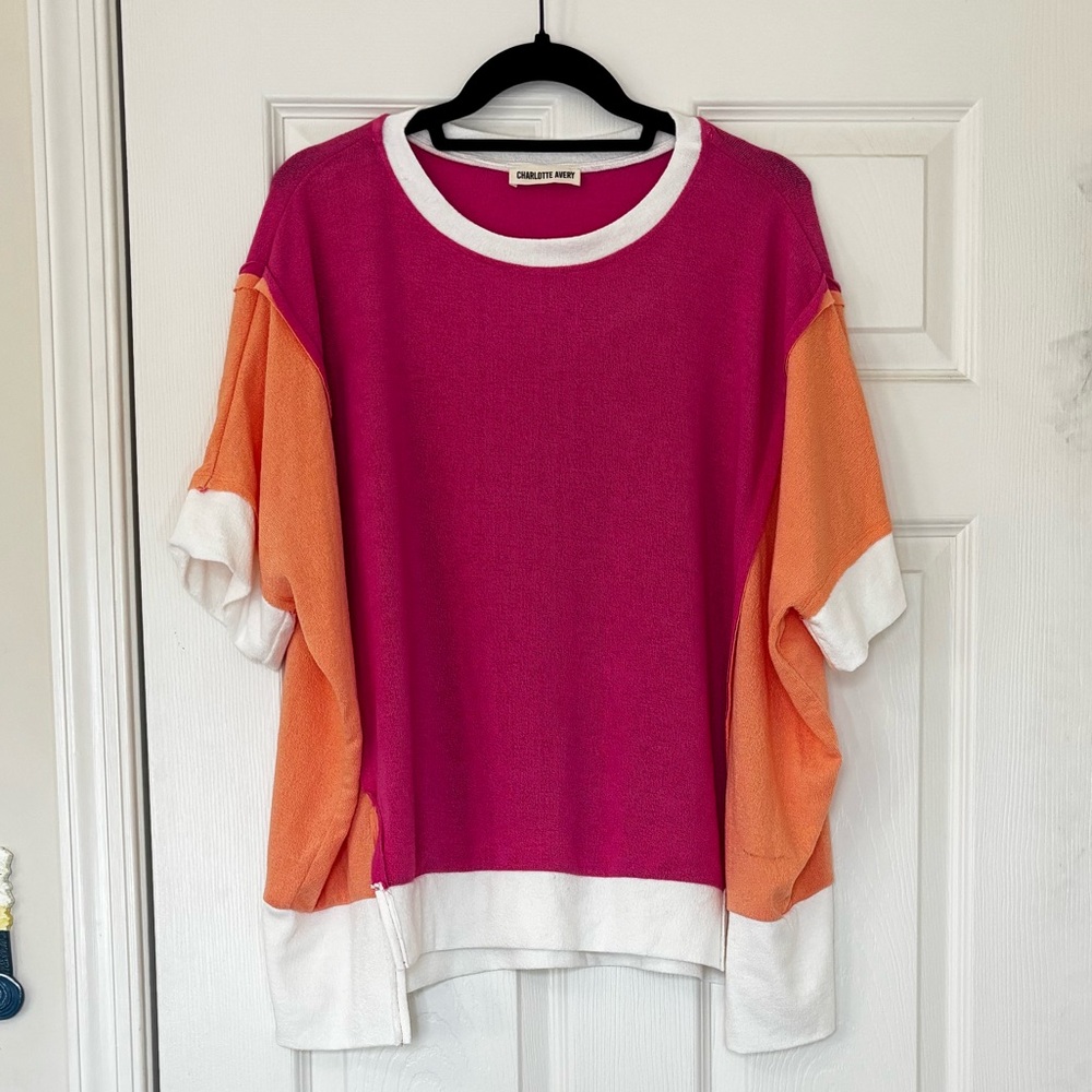 Charlotte Avery Color Block Patchwork Terry Cloth Shirt with Side Slits